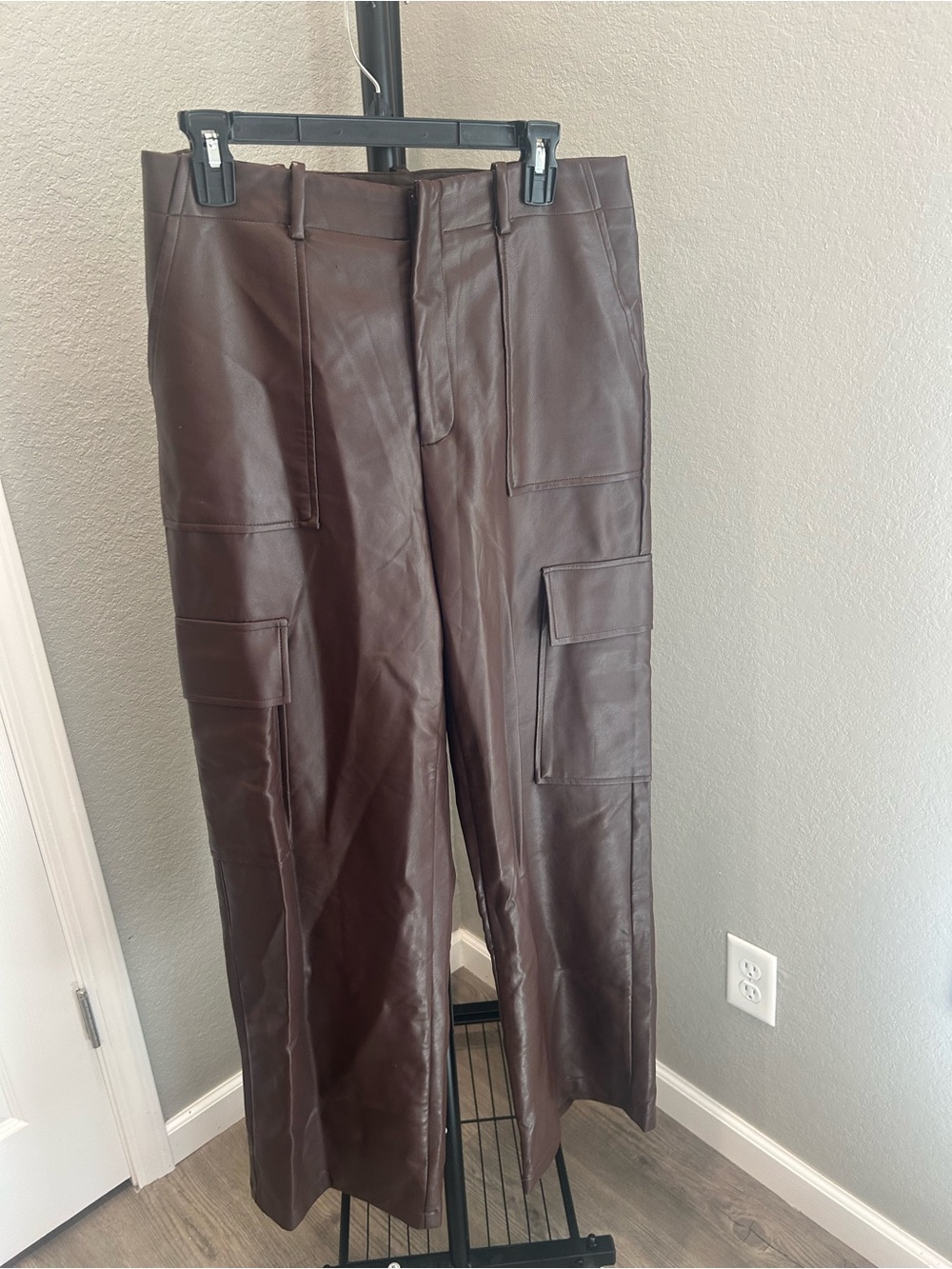 Brown Faux Leather Cargo Pants